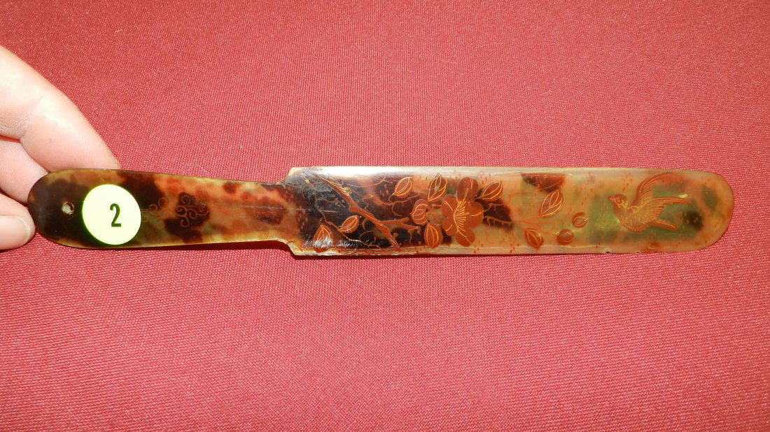Antique hand painted tortoise shell letter opener w/bir: Antique hand painted tortoise shell letter opener w/bird & flower motif. Cond G Nicks & peeling 9"