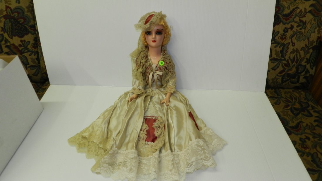 Wonderful Antique / Vintage French boudoir composition: Wonderful Antique / Vintage French boudoir composition painted bed doll. With original outfit. APROX. 21" COND. G, as seen