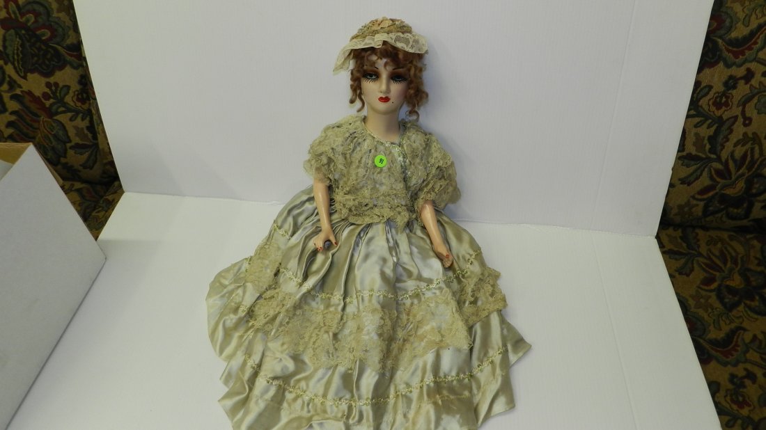 Wonderful Antique / Vintage French boudoir composition: Wonderful Antique / Vintage French boudoir composition painted bed doll. With original outfit. APROX. 21" COND. G, as seen