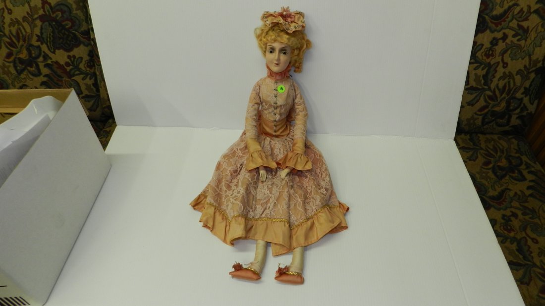 Wonderful Antique / Vintage French boudoir composition: Wonderful Antique / Vintage French boudoir composition painted bed doll. With original outfit. APROX. 21" COND. G, as seen