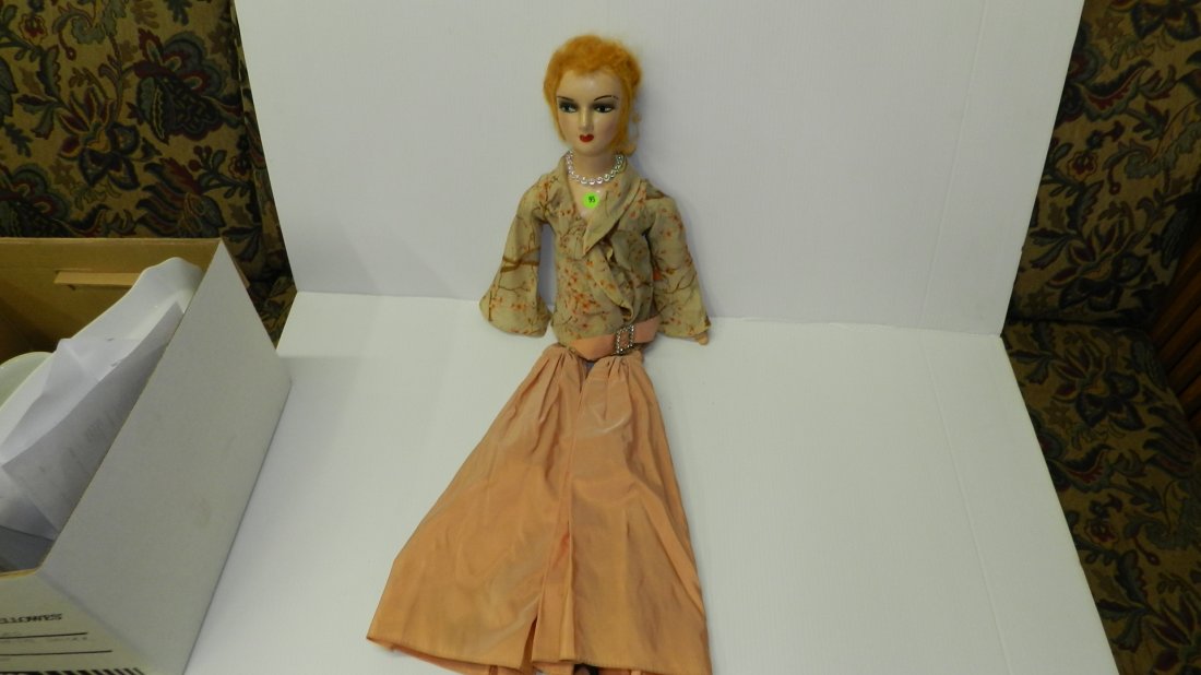 Wonderful Antique / Vintage French boudoir composition: Wonderful Antique / Vintage French boudoir composition painted bed doll. With original outfit. APROX. 21" COND. G, as seen