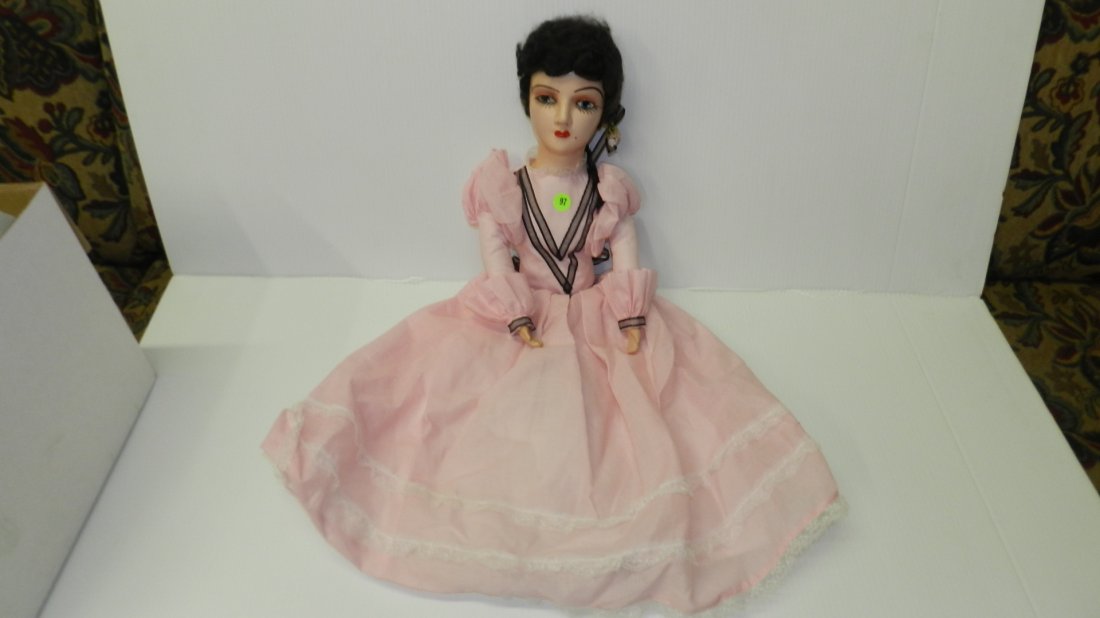 Wonderful Antique / Vintage French boudoir composition: Wonderful Antique / Vintage French boudoir composition painted bed doll. With original outfit. APROX. 21" COND. G, as seen