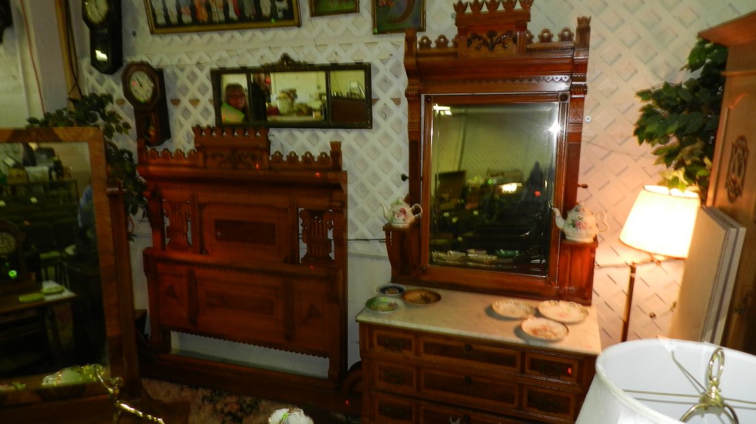 Stunning 2 pc carved Victorian marble top dresser with: Stunning 2 pc carved Victorian marble top dresser with mirror and bed, with rails. SSR = Special Shipping REQ.