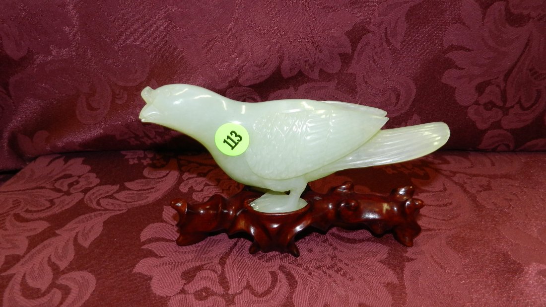 nice Asian carved Jade? bird on fitted wood base: nice Asian carved Jade? bird on fitted wood base