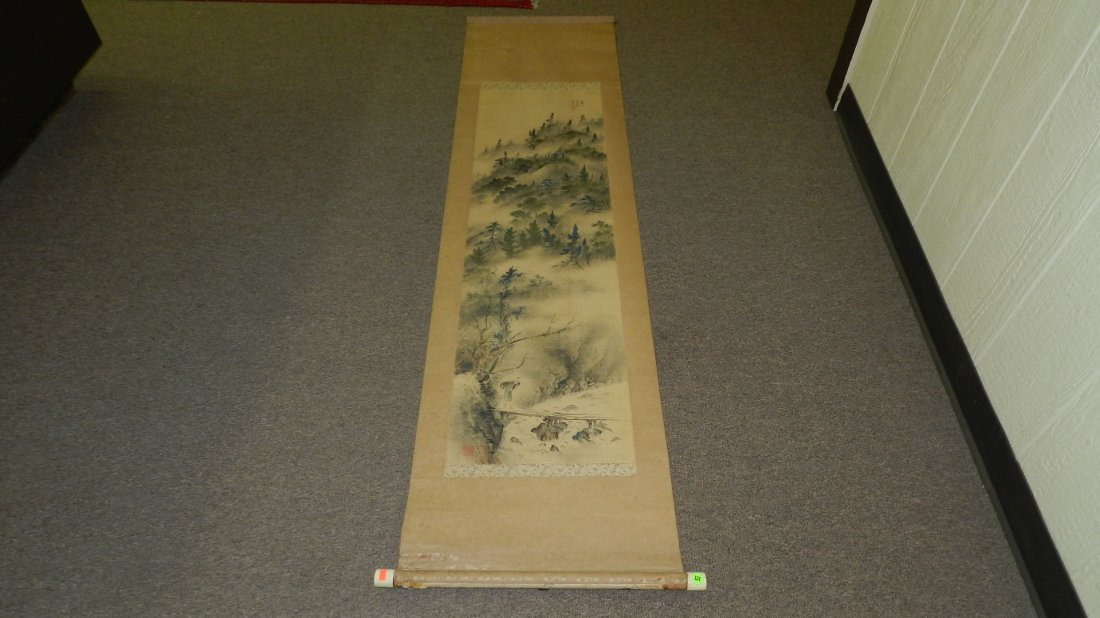 vintage / antique Asian scroll with mountain scene,: vintage / antique Asian scroll with mountain scene, signed, Ivory / bone ends, bottom as seen