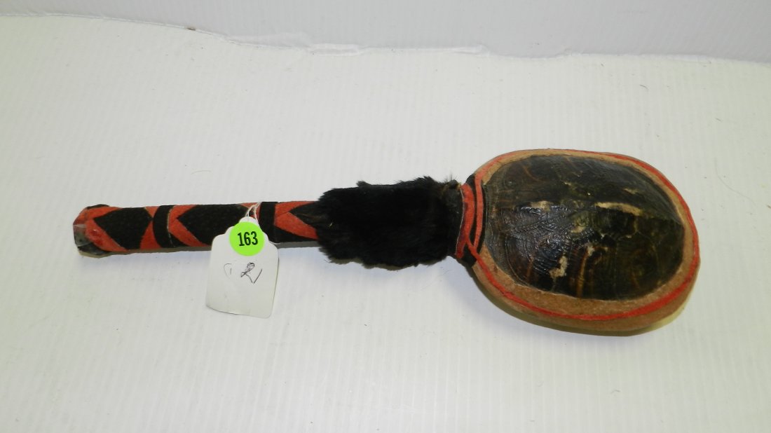 Native American Turtle Shell Rattle,, Colorful Native: Native American Turtle Shell Rattle,, Colorful Native American turtle shell rattled with colored hide fur , and bead decoration, 13.25" L