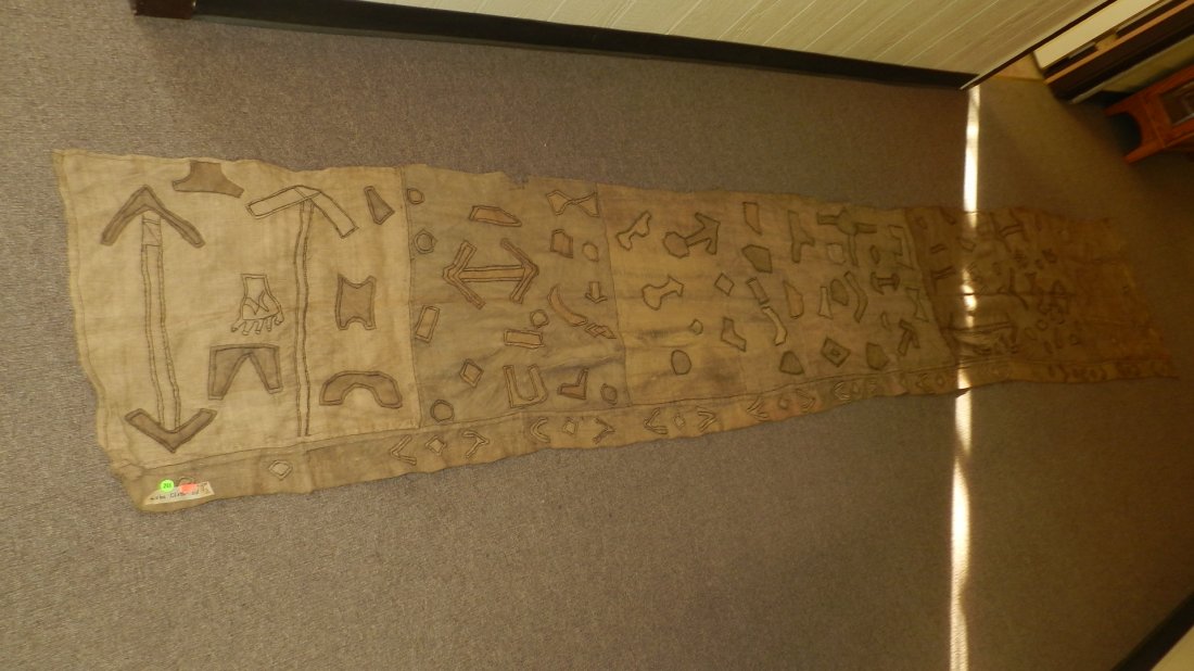 Antique African Kuba cloth with arrows, hands, etc.: Antique African Kuba cloth with arrows, hands, etc. design, estate paid $350.