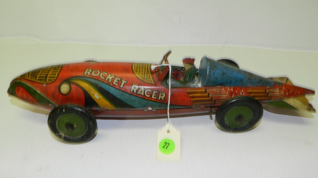 Rare, antique, Marx tin litho rocket racer wind up toy: Rare, antique, Marx tin litho rocket racer wind up toy car, works. 4 x 16