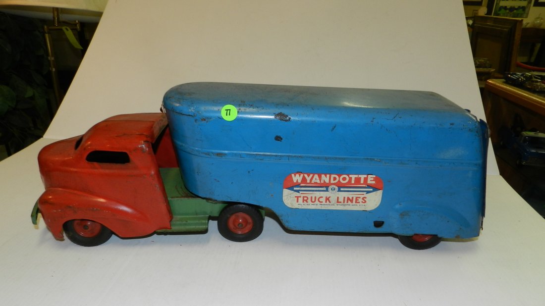 Large antique metal toy truck and trailer, "Truck