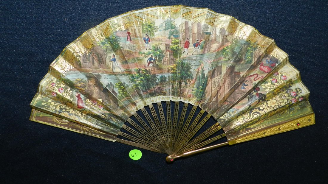 Exquisite 18th century double sided, hand painted /: Exquisite 18th century double sided, hand painted / hand tinted, Spanish? fan, with European / Castle scene, with gold pierced handle, inset jewels / stones? 8 1/2 x 16 when fully opened, minor splits
