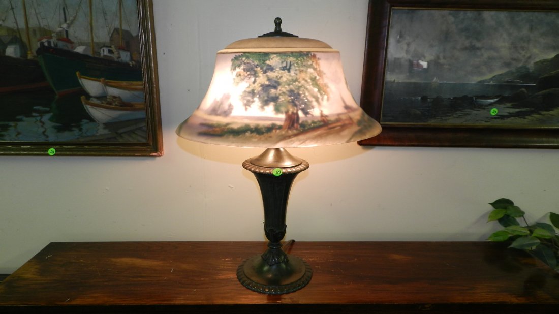 amazing antique reverse painted pairpoint lamp with: amazing antique reverse painted pairpoint lamp with farm / lake scene. signed M. Ano on shade with the Pairpoint stamp, original based stamped Pairpoint # D3013, cond fair, base VG shade has crack, SS