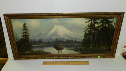 Antique Oil Painting On Board Of Mt Rainier And Elk In Apr 02