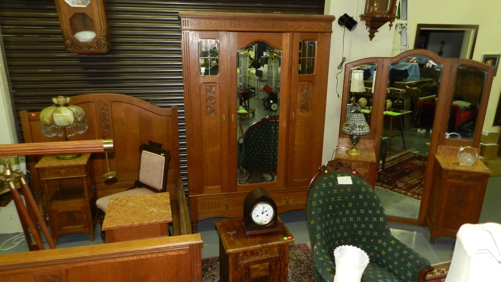 5 pc. Carved oak art deco bedroom set with 2 pc marble: 5 pc. Carved oak art deco bedroom set with 2 pc marble top night stands, Oak carved art deco bed, wardrobe with mirrored doors, dressing vanity with marble tops and full length mirror. COND VG, SSR