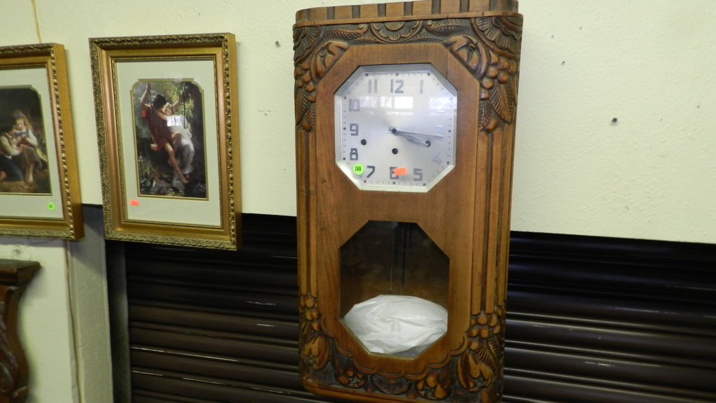Art deco, oak, carved, wall clock. COND VG, 26": Art deco, oak, carved, wall clock. COND VG, 26"