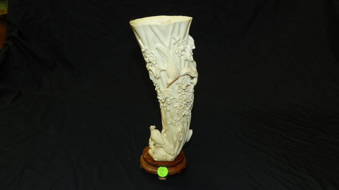 Fabulous, antique Asian motif, carved african Ivory: Fabulous, antique Asian motif, African Ivory (pre ban) tusk in vase form, with fine carvings of birds and floral scene on tree trunk base design, on stand, COND G, minor flake to rim and age crack, es