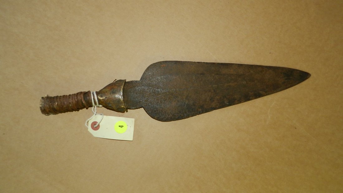 3710) African Knife / dagger handmade with copper: 3710) African Knife / dagger handmade with copper wrapped wood handle and straight metal blade (leaf design) cond G, loose handle wrap, splits to the quillon, 17" long