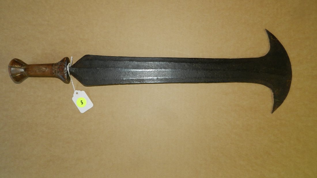 13019) nice African handmade knife, Teke or neighboring: 13019) nice African handmade knife, Teke or neighboring tribe in southwest DRC, carved handle with a pendulum style axe blade, cond G, 20 1/2