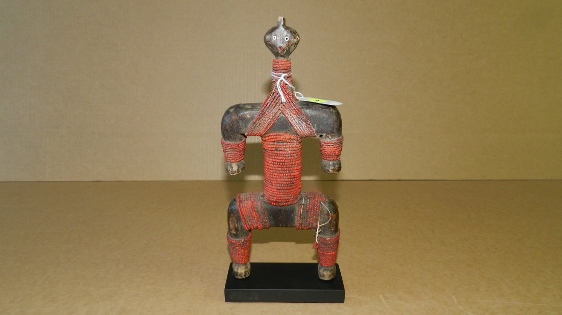 2030) unique African carved and beaded Namji doll: 2030) unique African carved and beaded Namji doll "Fertility" from Cameroon, cond G, minor bead loss, on stand 11 1/4