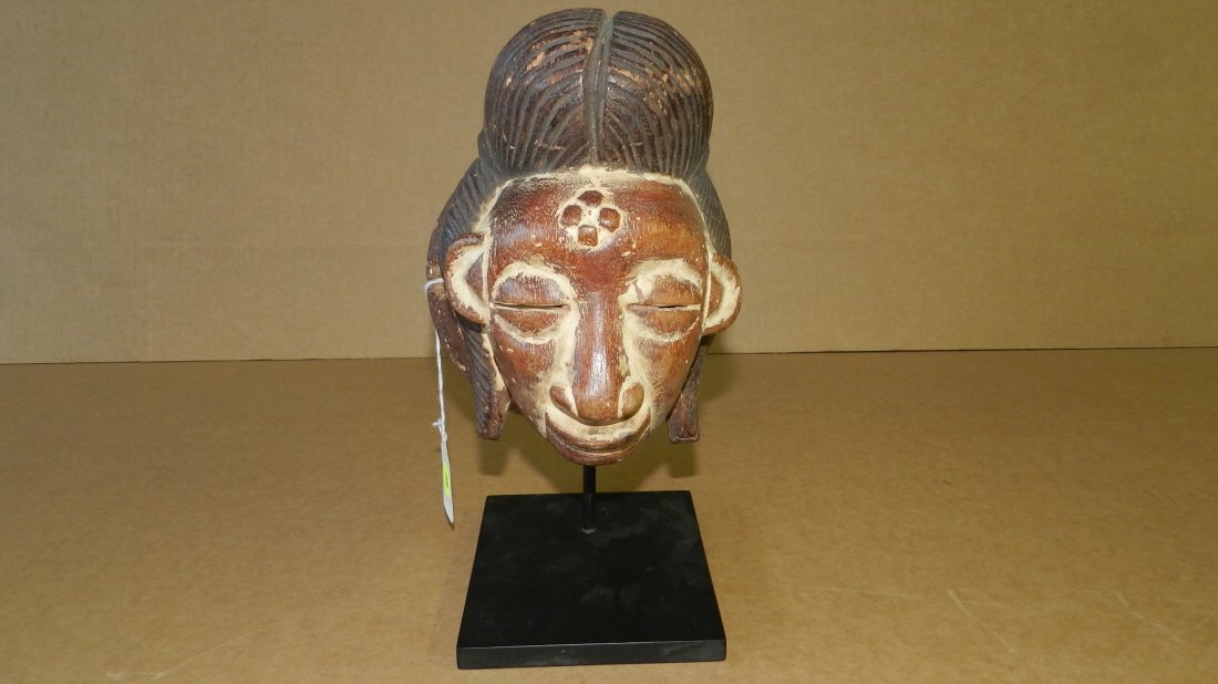 5306) nice small hand carved West African mask young: 5306) nice small hand carved West African mask young girl with braided hair design, on stand 11x6