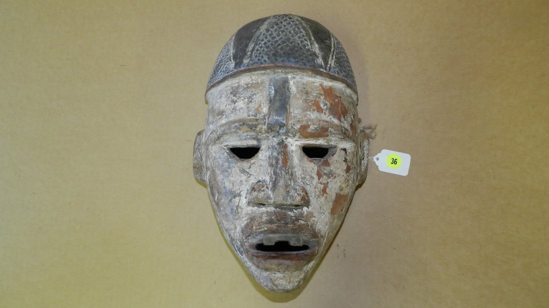 1545) Hand painted and carved Central African mask,: 1545) Hand painted and carved Central African mask, COND G, shows loss from use and age, 12 x 8 4 3/4