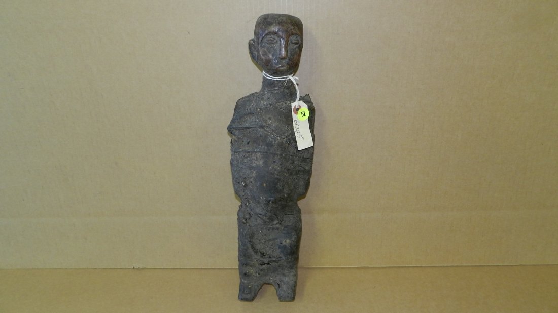 6045) African carved Wrapped figure - East African.: 6045) African carved Wrapped figure - East African. Wood with tightly wrapped and soiled cloth and rope. COND G, appropriate for age, origin, and mediums. 17"