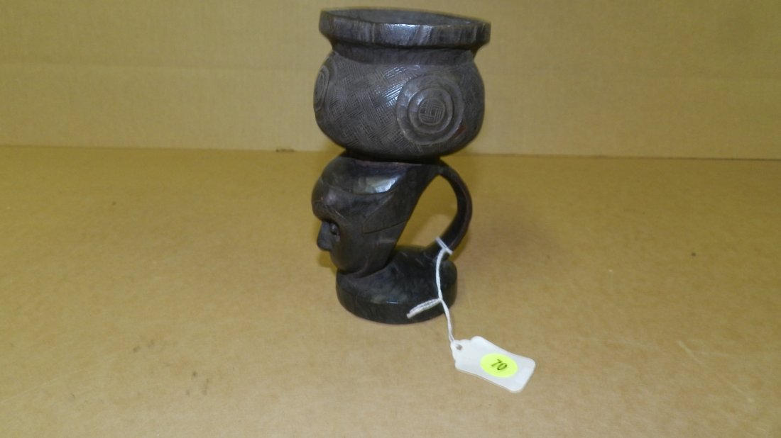 5547) African carved Figural Vessel/cup, COND G, 6 3/4: 5547) African carved Figural Vessel/cup, COND G, 6 3/4 x 3 1/2