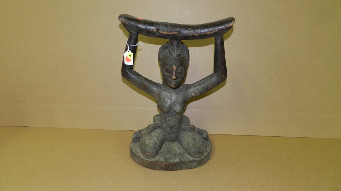 3327) African carved Caryatid stool , sitting maternity: 3327) African carved Caryatid stool , sitting maternity w/narrow seat, baby on back, well worn from use, 18x13