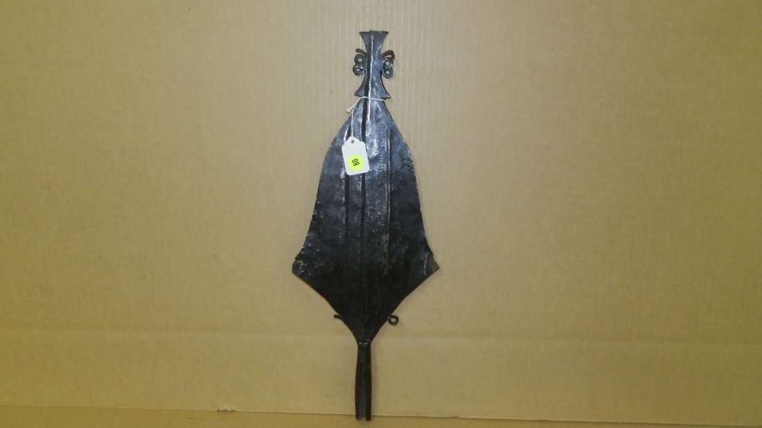 13032) large and unique African knife / sword blade: 13032) large and unique African knife / sword blade with turned circle design top, (no wooden shaft) 19x7