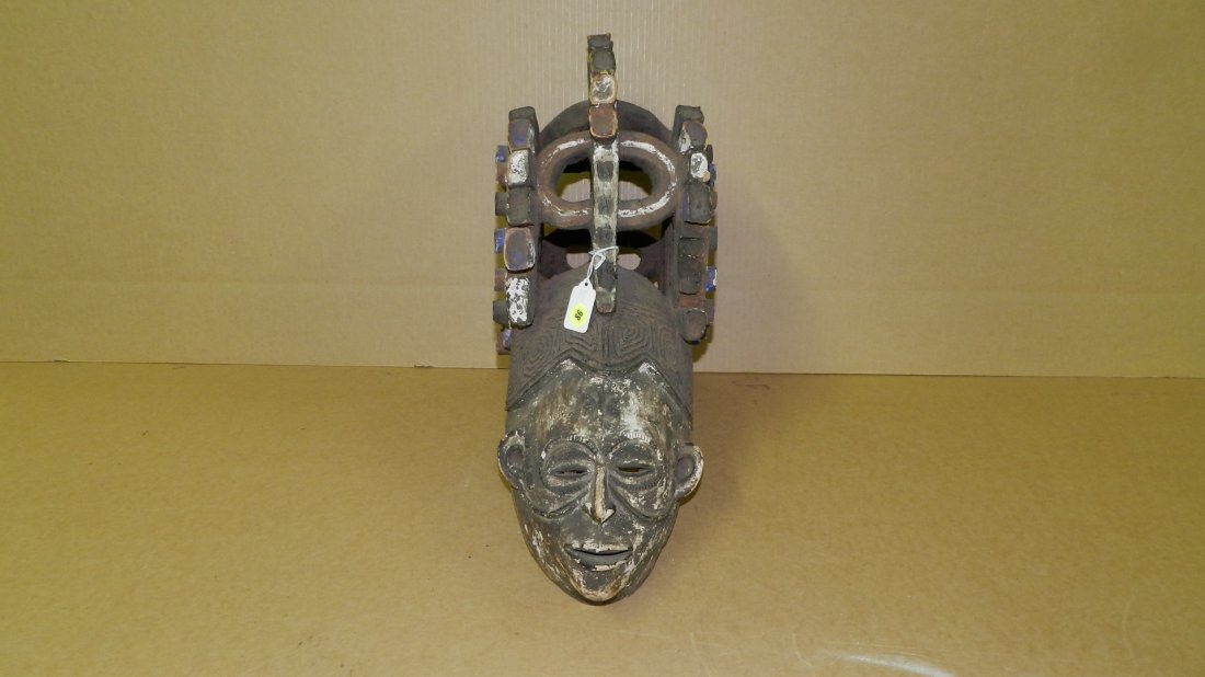 2210) nice African hand carved and painted Igbo Mask w/: 2210) nice African hand carved and painted Igbo Mask w/ headdress intricate 22x10