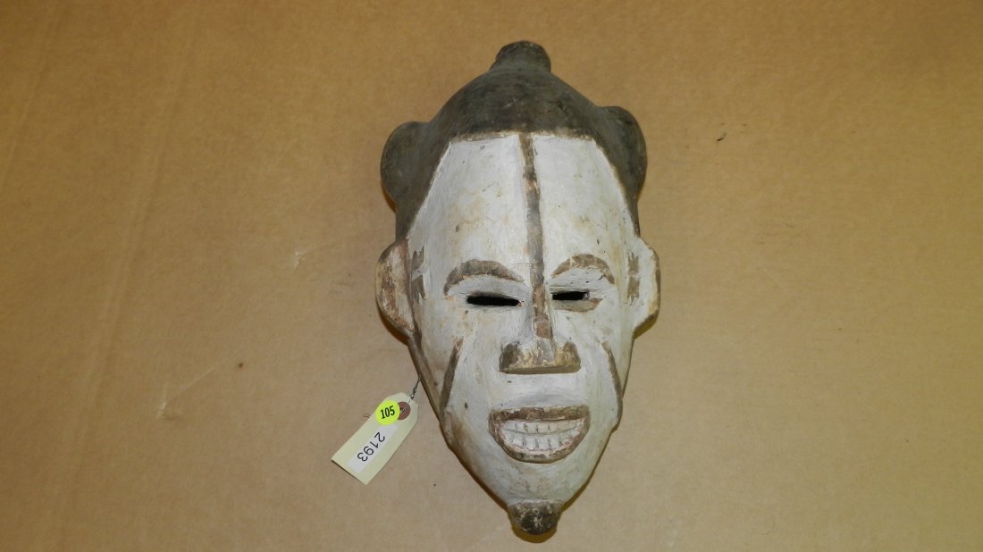 2193) African carved (Igbo) mask - whitened with black: 2193) African carved (Igbo) mask - whitened with black top, from Nigeria, COND G, 13 x 8 x 6 1/2