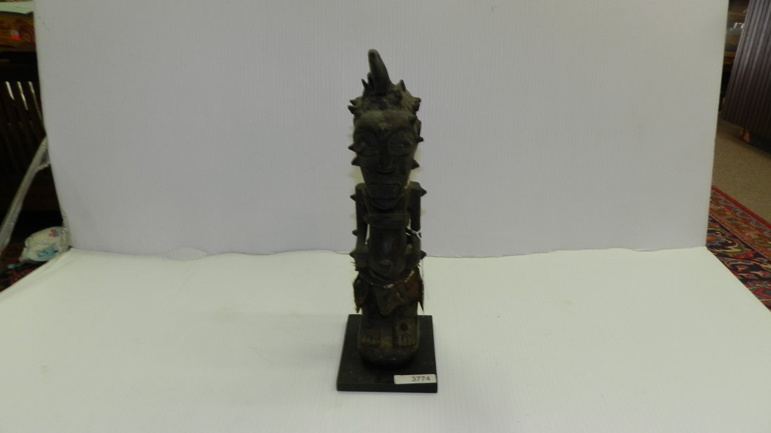 3774) African carved Songye figure w/horn, on stand.: 3774) African carved Songye figure w/horn, on stand. From DR Congo, COND G, 13 1/2" w/stand
