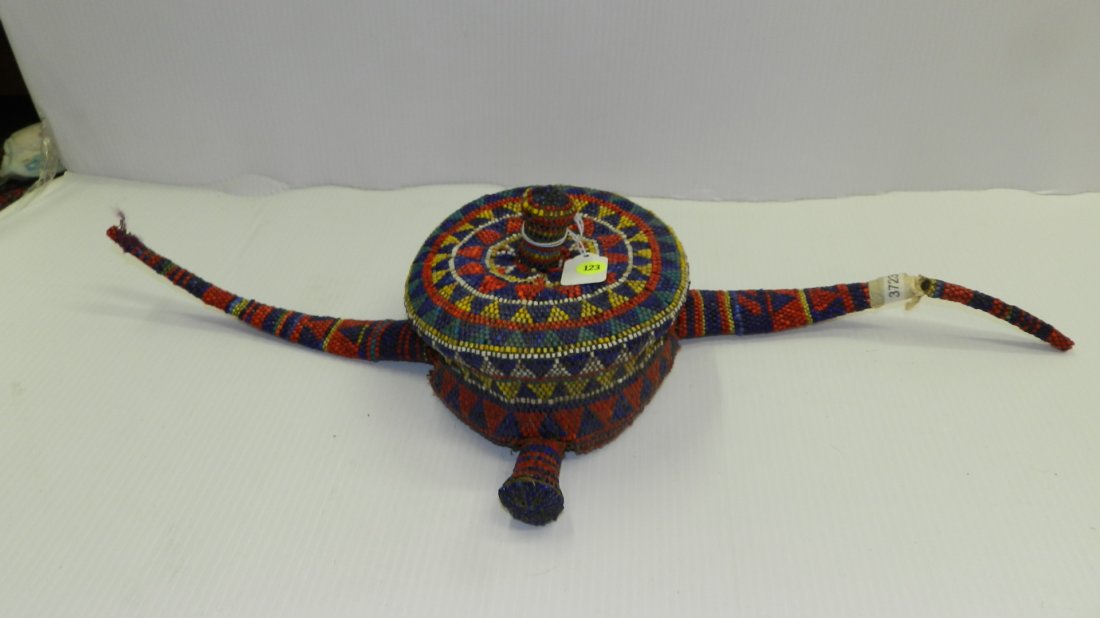 4723) UNIQUE aFRICAN HANDMADE Beaded hat with horns.: 4723) UNIQUE aFRICAN HANDMADE Beaded hat with horns. One horn is broken 5 1/2 X 22