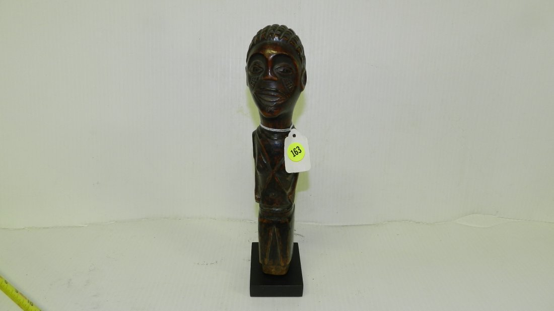 2075) African hand carved Figure (staff finial?) on bas: 2075) African hand carved Figure (staff finial?) on base, 11 1/2