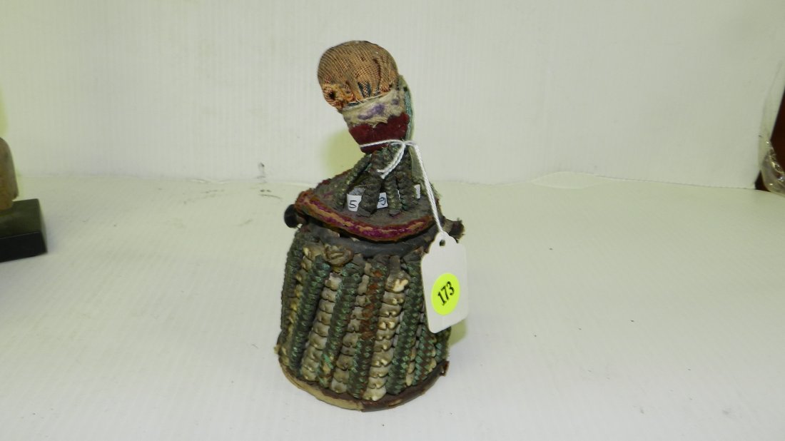 5259) African handmade Container made of various woven: 5259) African handmade Container made of various woven fabric and other items, 6 1/2