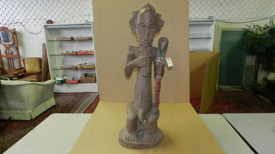 6675) African carved Male standing figure with beaded s: 6675) African carved Male standing figure with beaded scepter, COND G, 42 1/2"