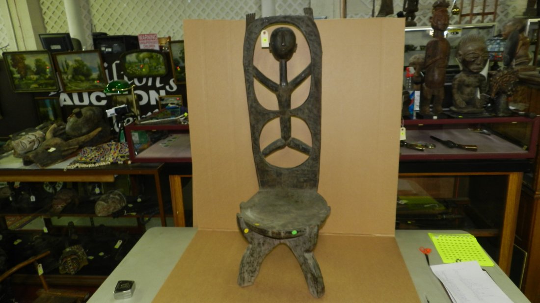 6140) African carved Gogo high back chair with open lat: 6140) African carved Gogo high back chair with open lattice figure, from Tanzania. 46 x 16 x 16