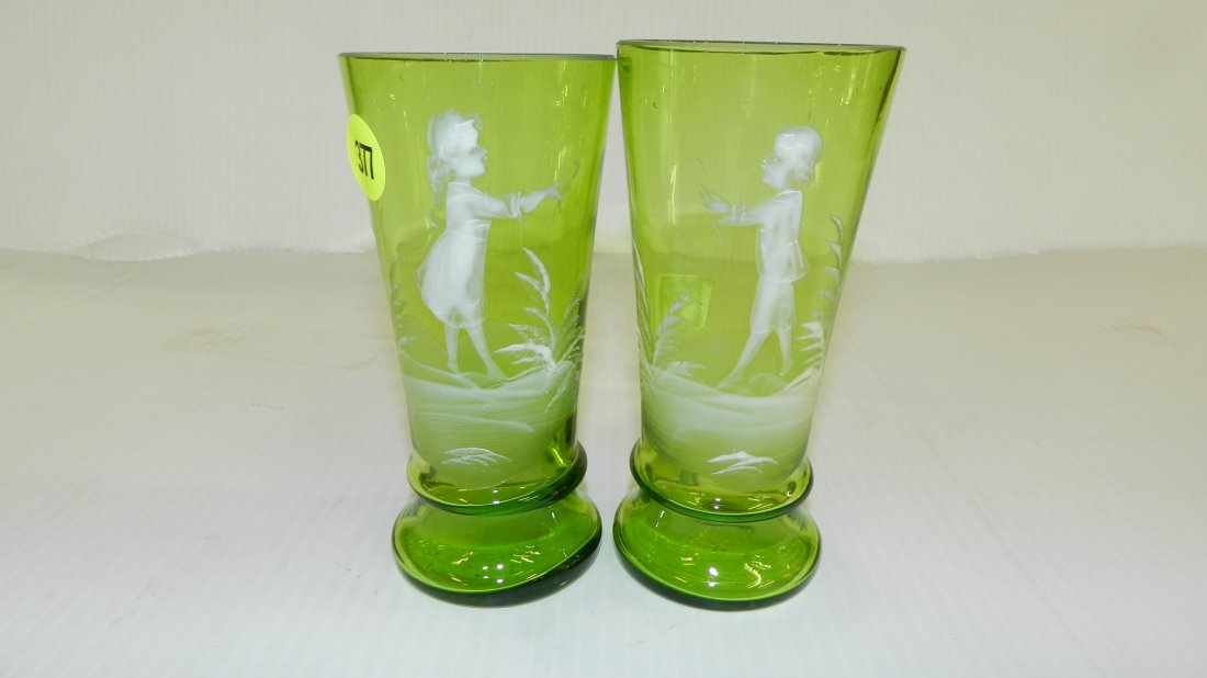 2 piece Antique hand painted Mary Gregory glass vases: 2 piece Antique hand painted Mary Gregory glass vases with young boy & girl, 5 1/4, COND VG