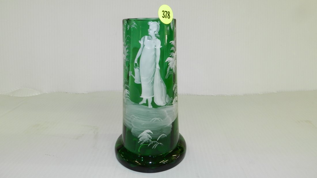 Antique hand painted Mary Gregory glass vase with young: Antique hand painted Mary Gregory glass vase with young girl with watering can, COND VG, has been cu