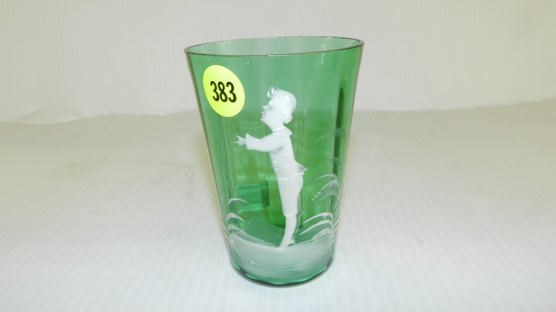 Antique hand painted Mary Gregory glass tumbler, young: Antique hand painted Mary Gregory glass tumbler, young boy, COND VG, 4"