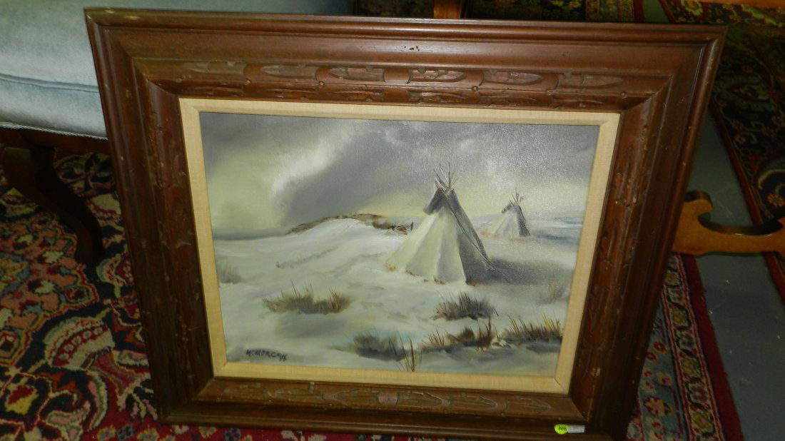54) Framed oil painting on canvas, Native American: 54) Framed oil painting on canvas, Native American teepees in snow