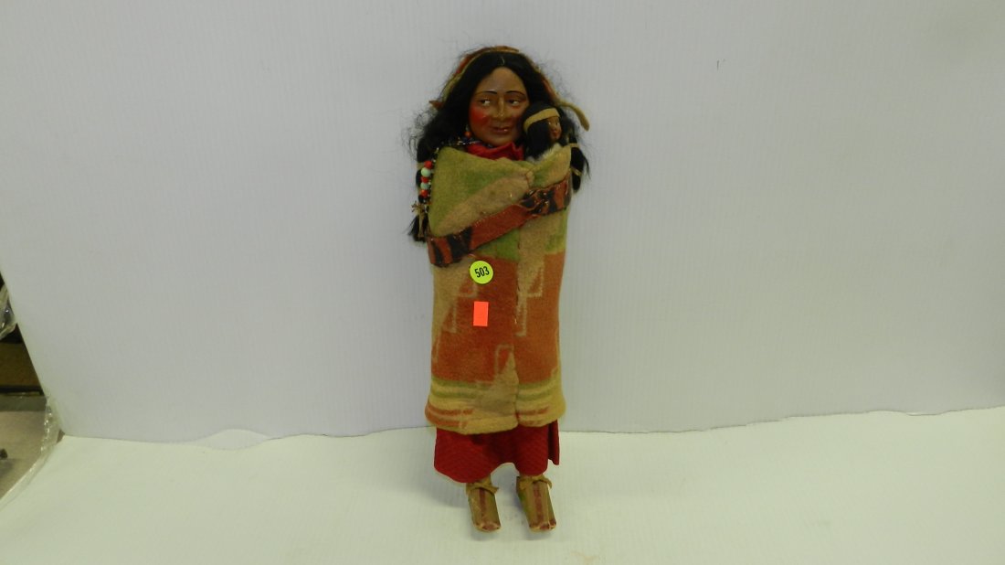 Original Antique / vintage Native American Skookum: Original Antique / vintage Native American Skookum doll, with child, painted face, wrapped in Navajo