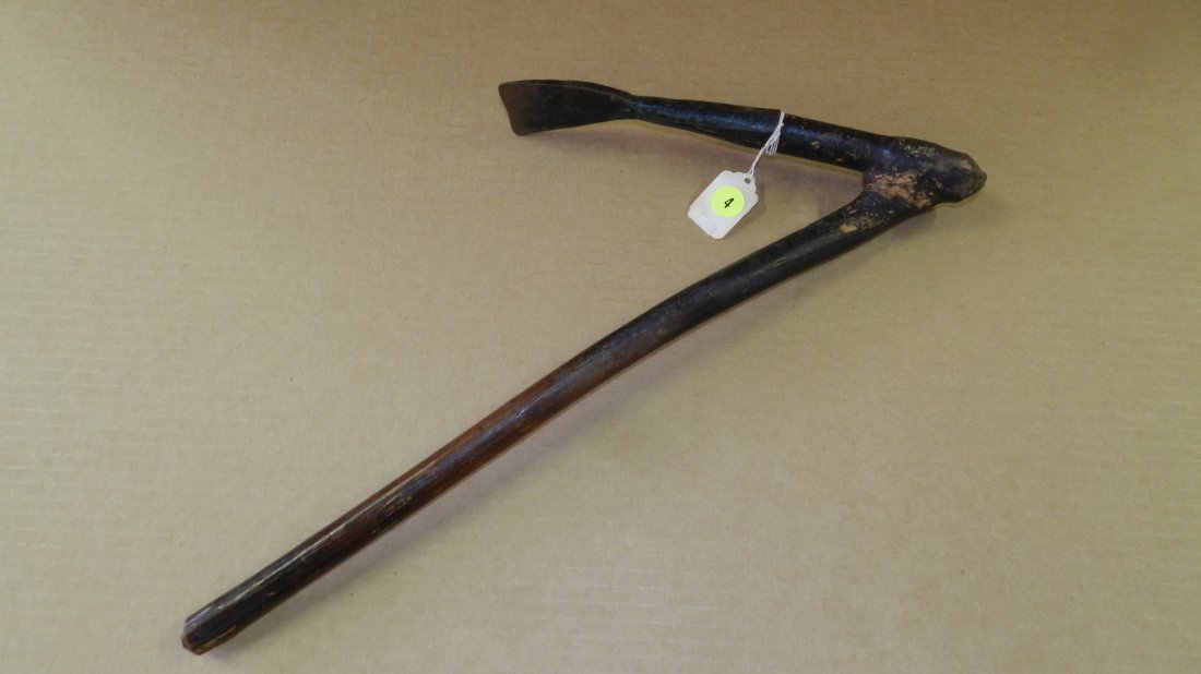 5055) Central African carved Ax, "V" shaped branch w/: 5055) Central African carved Ax, "V" shaped branch w/ digging blade. 19 x 6 1/2