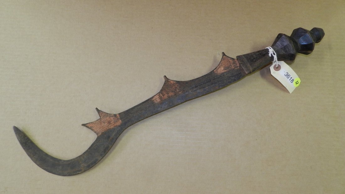 3618) African carved knife, Ngombe or neighboring tribe: 3618) African carved knife, Ngombe or neighboring tribe in northwest DRC. Ngulu. From DR Congo. 25"