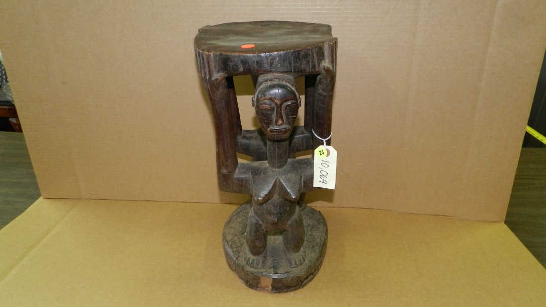 10069) African carved Caryatid, two females. From DR: 10069) African carved Caryatid, two females. From DR Congo. 17 x 8 1/2