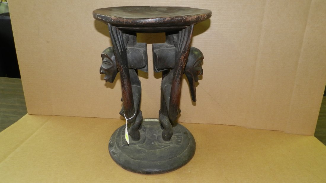 3321) African carved Luba figural stool, with 2 figures: 3321) African carved Luba figural stool, with 2 figures male/female supporting the seat. From DR Congo. 16 x 12