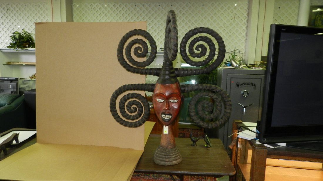 1052) Large African carved mask, Ekoi skin covered head: 1052) Large African carved mask, Ekoi skin covered head - Janus. From Nigeria. 48 x 39 x 24
