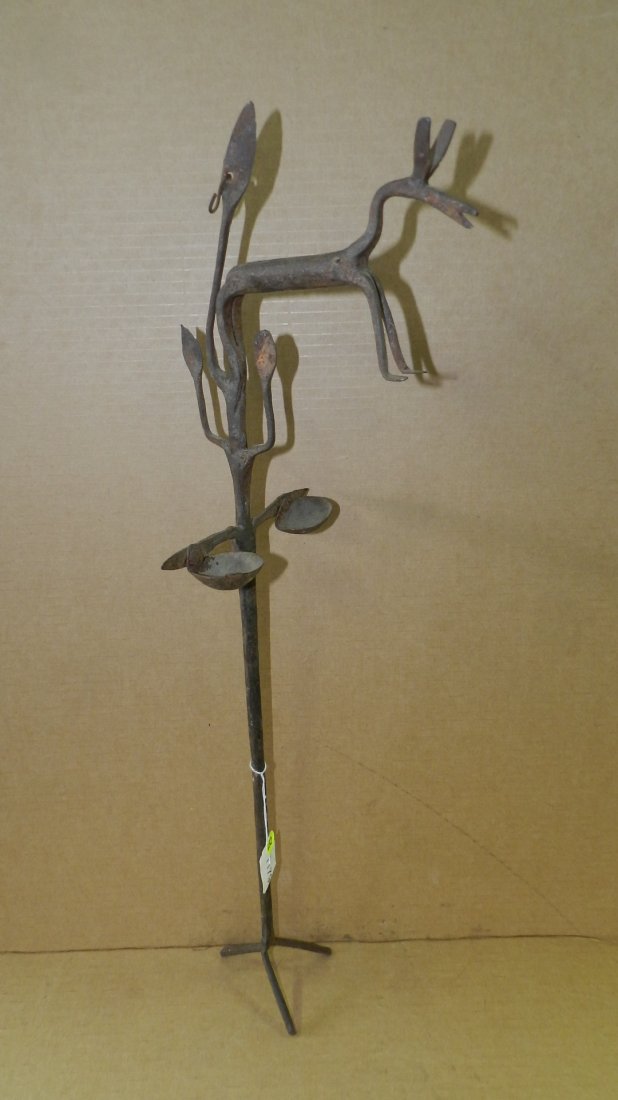 1179) African Metal (iron) figural staff with horse: 1179) African Metal (iron) figural staff with horse atop supported by three legs, 27 1/2 from West Africa