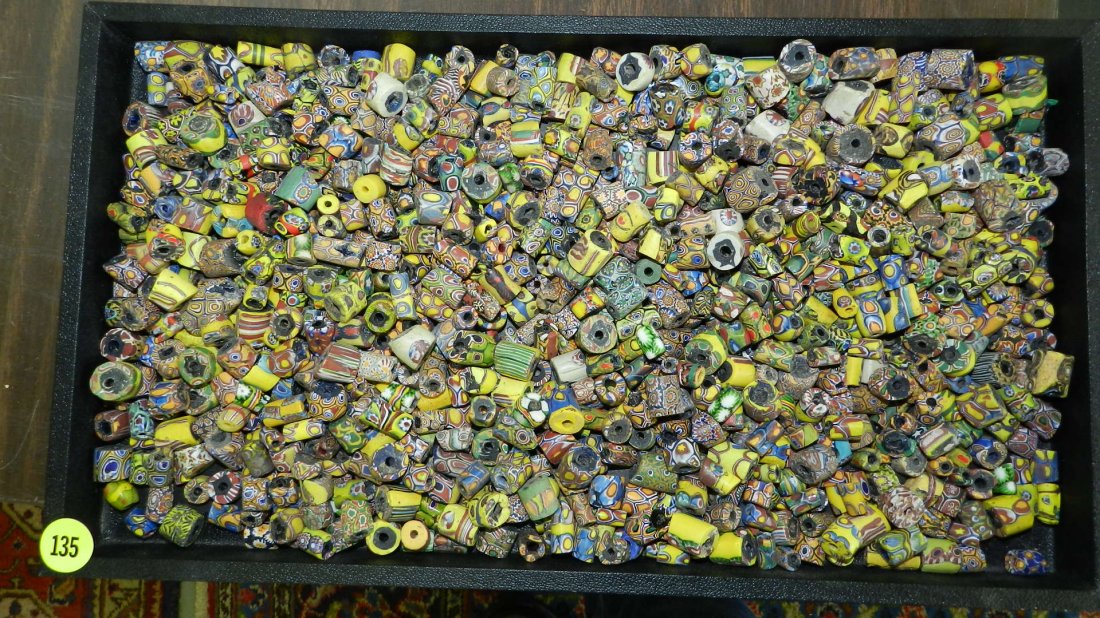 B) tray of African trade beads for making necklaces (no: B) tray of African trade beads for making necklaces (no tray)