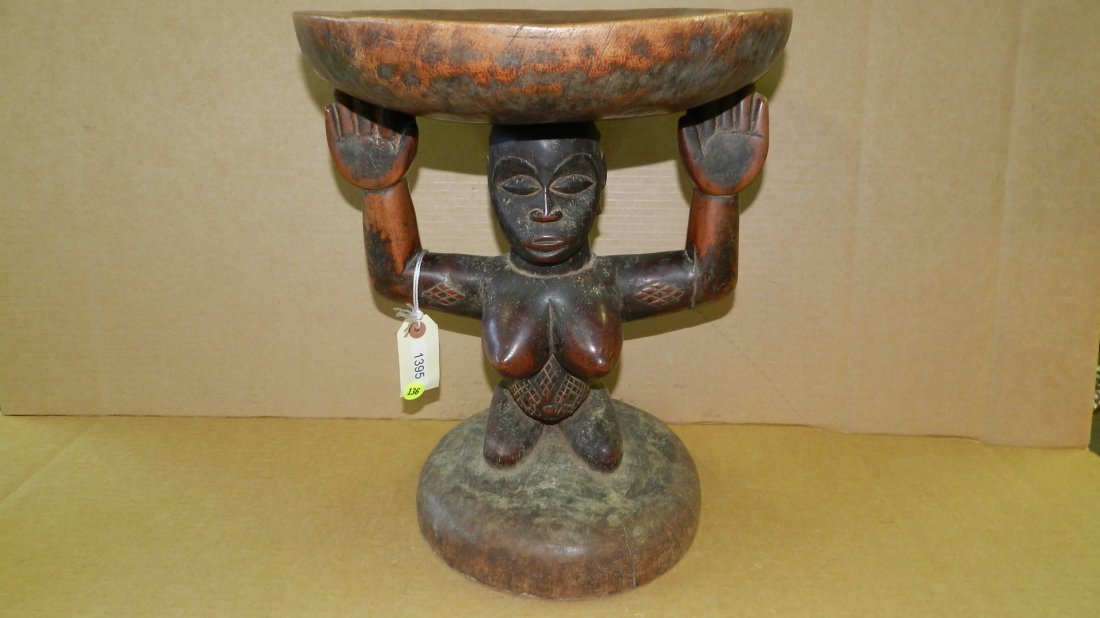 1395) African hand carved Caryatid stool - female: 1395) African hand carved Caryatid stool - female holding seat 15 1/4 x 13 from the Luba tribe