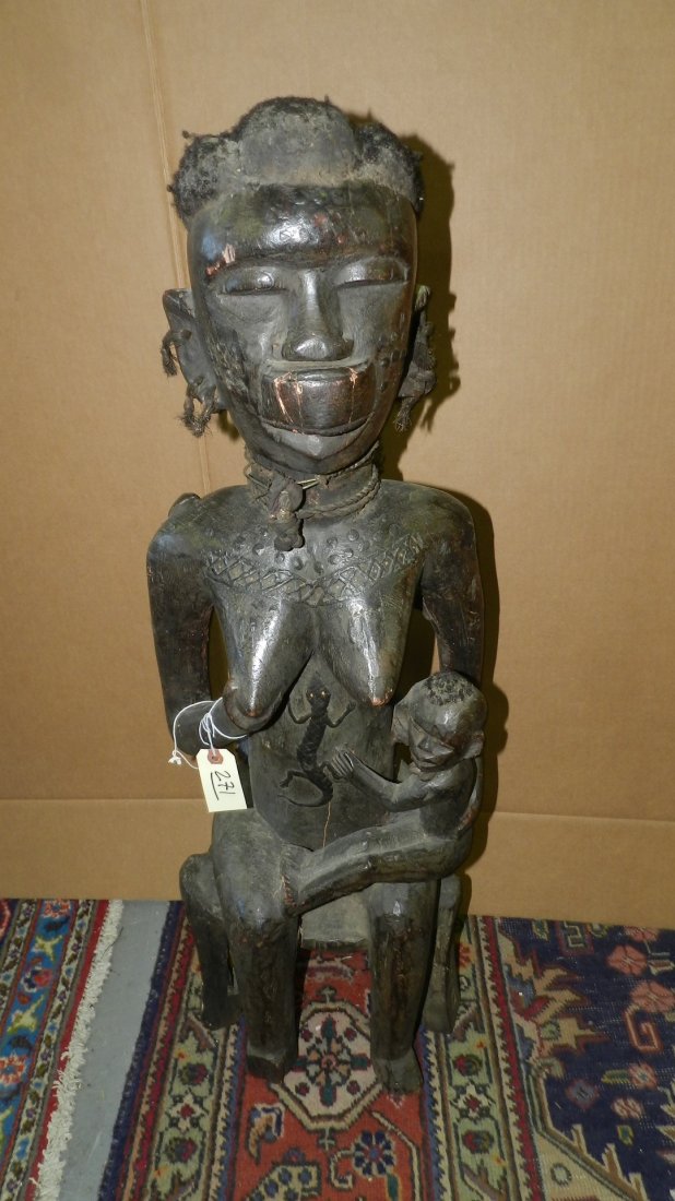 271) African Large, seated maternity figure w/ tacks,: 271) African Large, seated maternity figure w/ tacks, baby on lap, hair on top 36 x 9 x 9 Pare of Tanzania